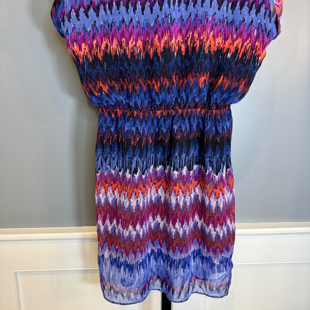 AQUA Ikat Print Dress Medium Multicolor Sheer Overlay Elastic‎ Waist Mini - Picture 7 of 7